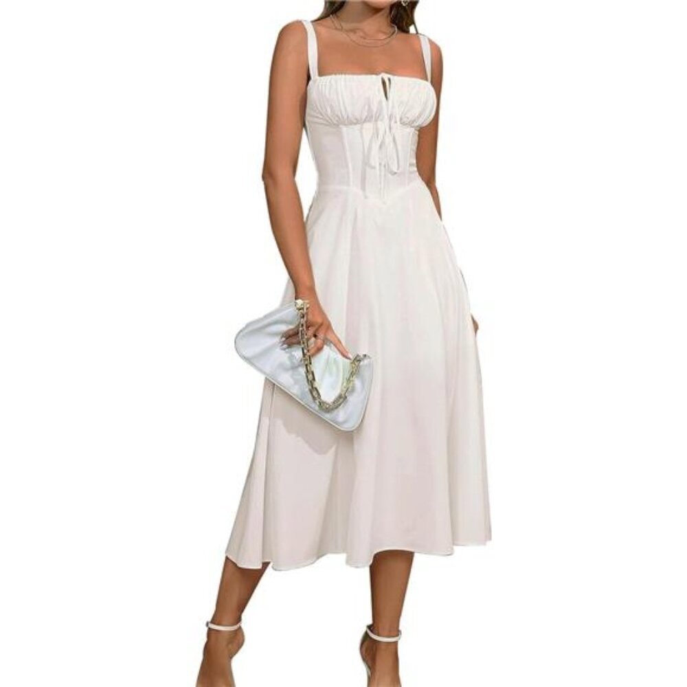 White Midi Dress With Tie-Front Bodice